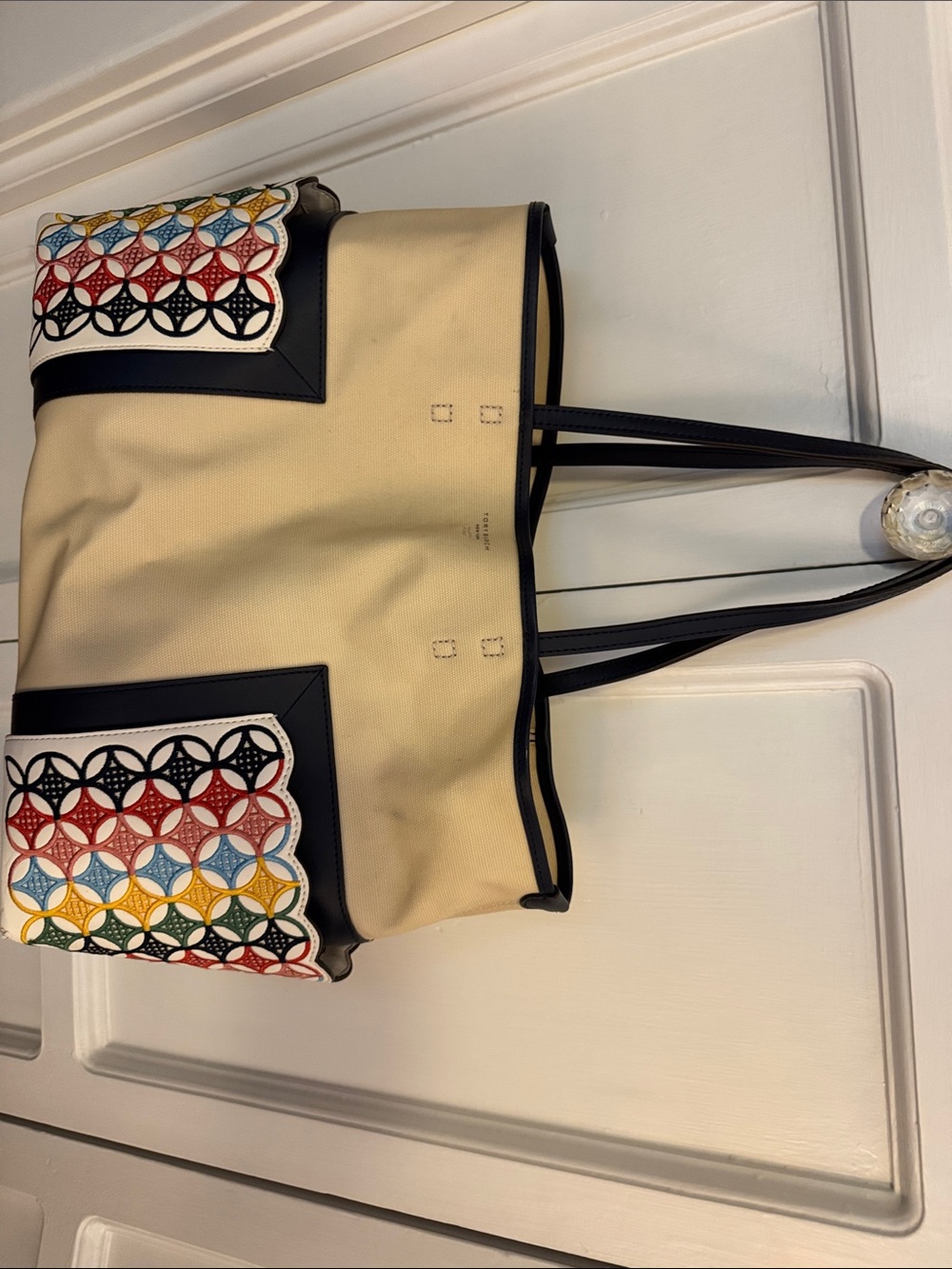 Tory Burch Canvas Tote Bag with Multicolor Embroidered Panels - Beige